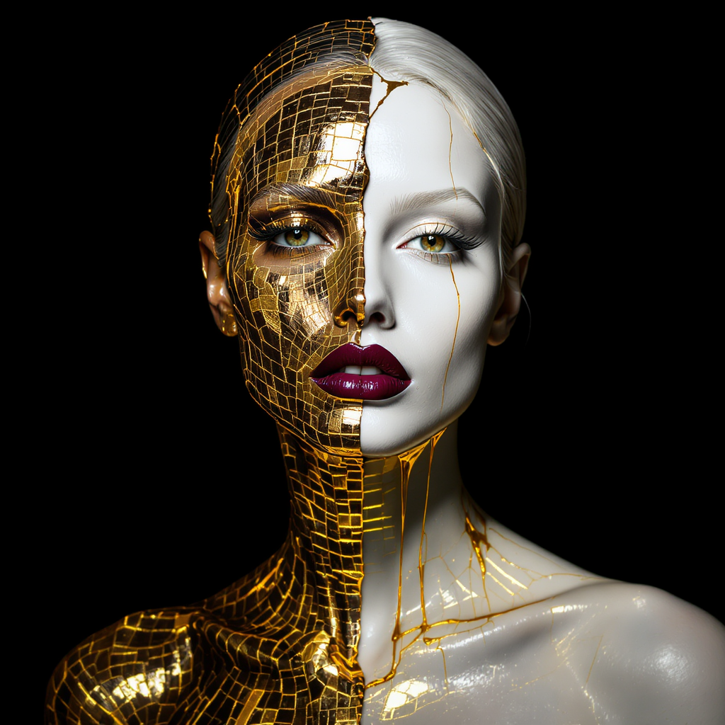 Portrait of a woman with golden kintsugi cracks filled with 