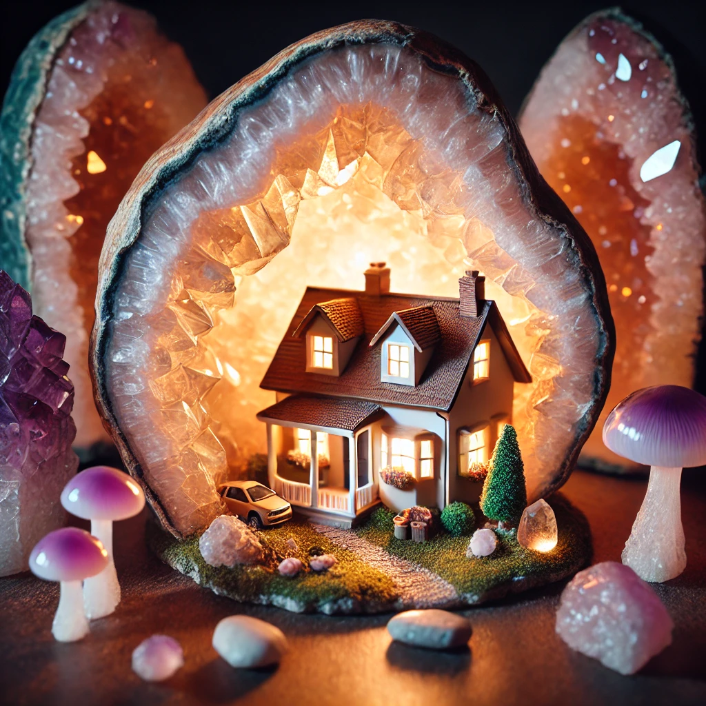 A tiny house built inside a cracked open geode crystal, warm