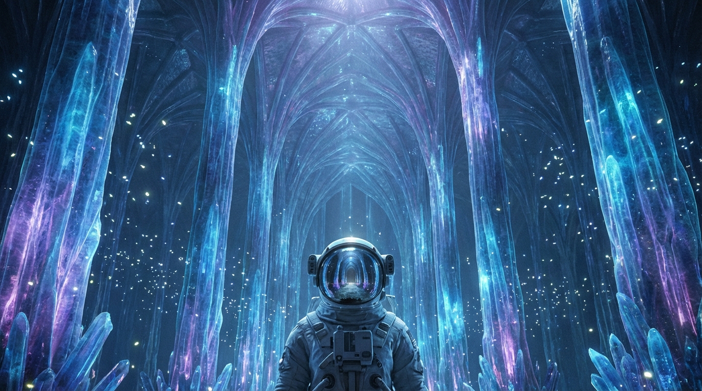 Astronaut inside enormous alien cathedral of bioluminescent 