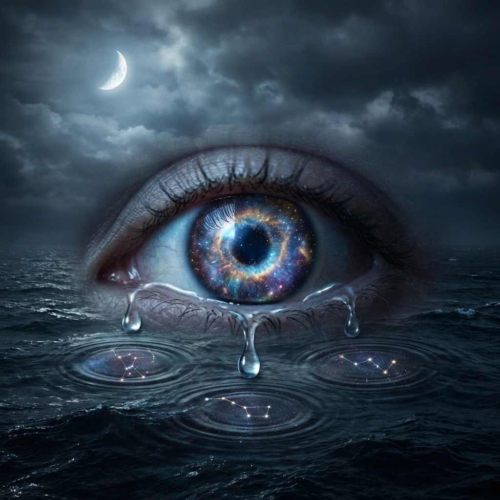 A giant realistic human eye floating in a dark ocean, iris i