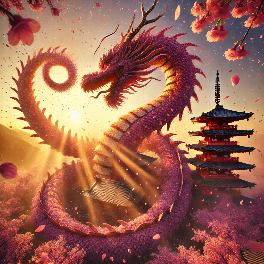 Ancient dragon made of blooming cherry blossom flowers coile